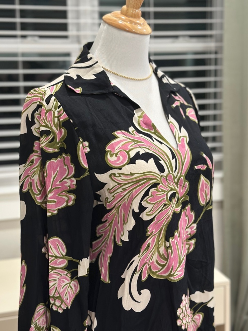 Karen Kane Black Long-Sleeve V-Neck Blouse with Pink & Cream Floral Print - Picture 2 of 6
